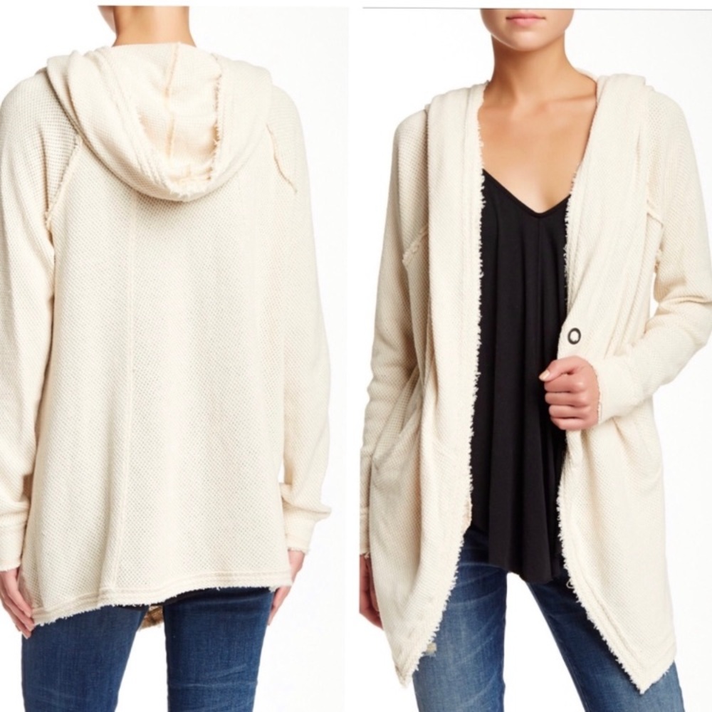 Free People The Big Chill Ivory Thermal Cardigan Hooded Size S Oversized